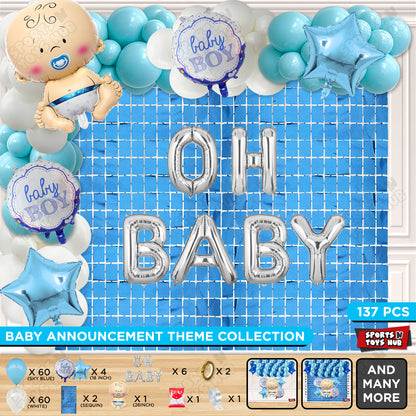 Baby Boy Foil Balloon Set With Oh Baby Foil Letter Arch Blue & White Color Theme - Pack Of 137