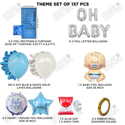Baby Boy Foil Balloon Set With Oh Baby Foil Letter Arch Blue & White Color Theme - Pack Of 137