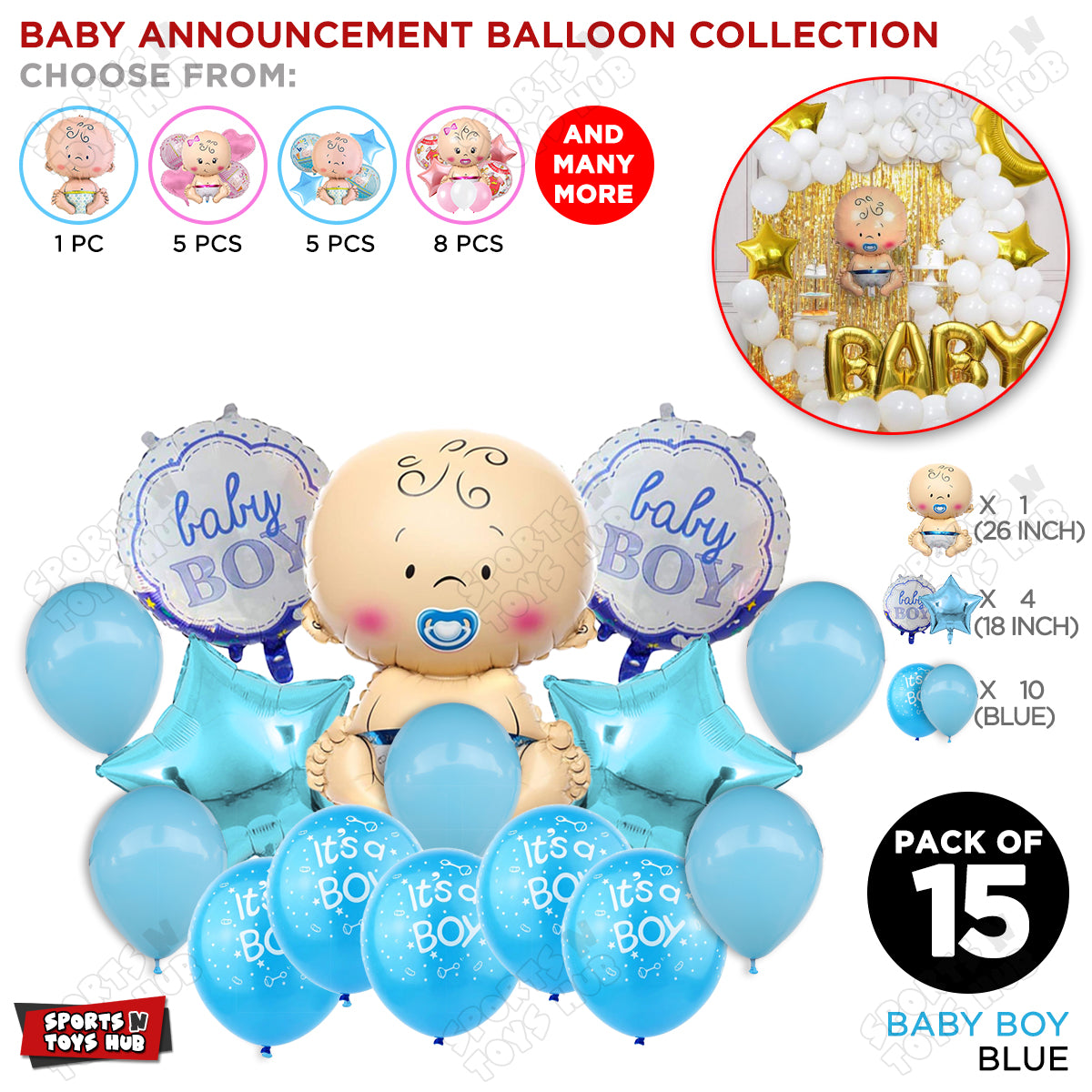Baby Boy Foil Balloon - Pack Of 15