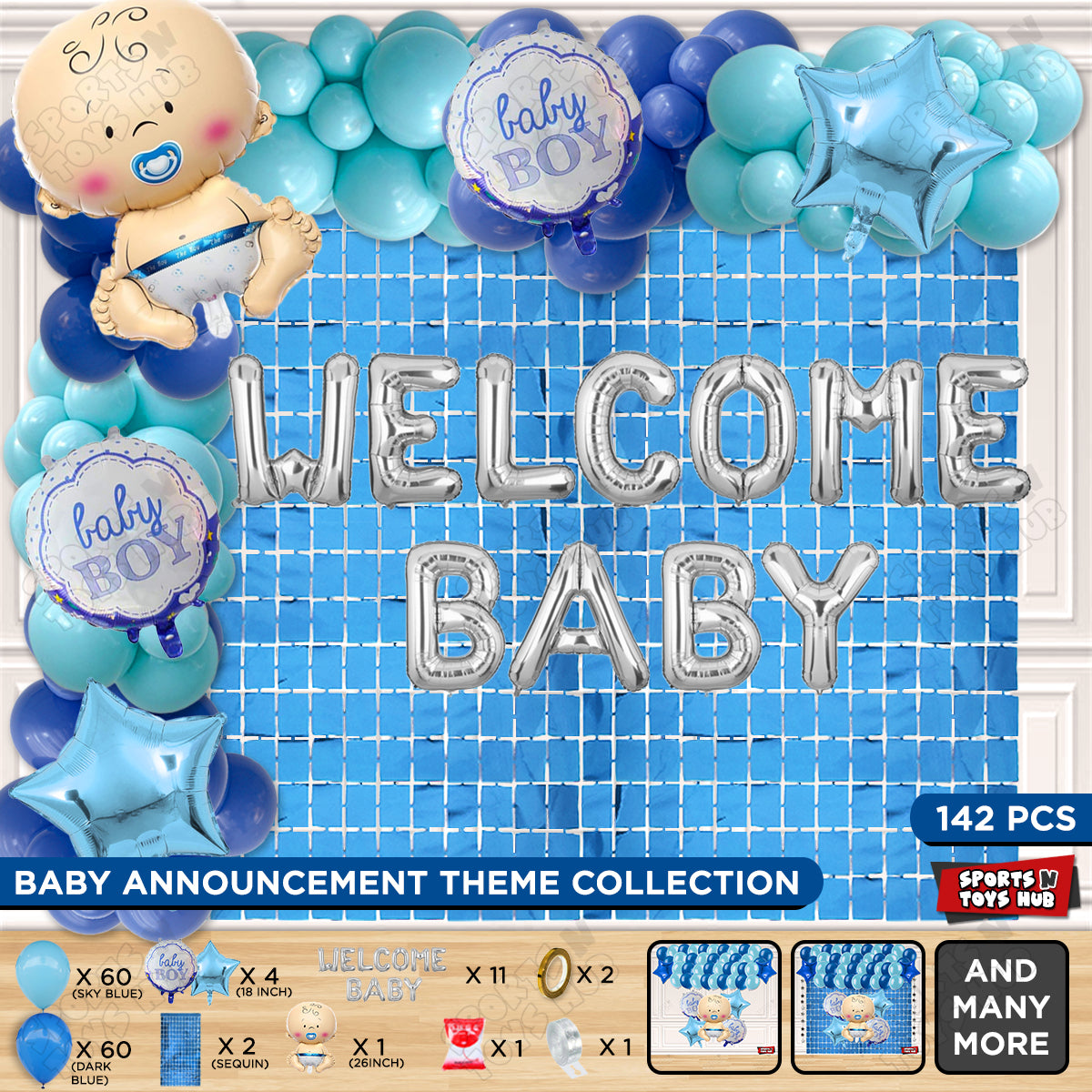 Baby Boy Foil Balloon Set With Welcome Baby Foil Letter Arch Theme - Pack Of 142