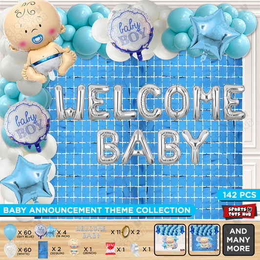 Baby Boy Foil Balloon Set With Welcome Baby Foil Letter Arch Blue & White Theme - Pack Of 142