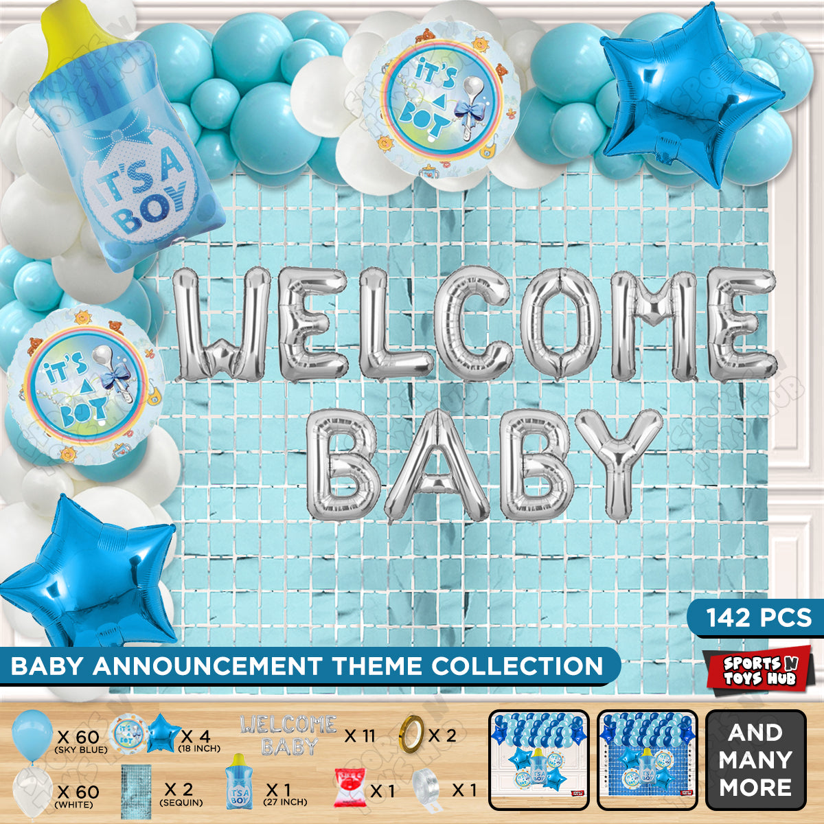 Baby Boy Feeder Foil Balloon Set With Welcome Baby Foil Letter White & Blue Color Arch Theme - Pack Of 142