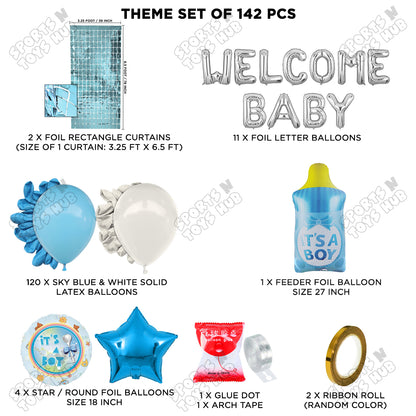 Baby Boy Feeder Foil Balloon Set With Welcome Baby Foil Letter White & Blue Color Arch Theme - Pack Of 142