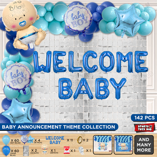 Baby Boy Foil Balloon Set With Welcome Baby Foil Letter Arch Theme - Pack Of 142