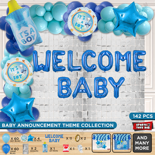 Baby Boy Feeder Foil Balloon Set With Welcome Baby Foil Letter Arch Theme - Pack Of 142