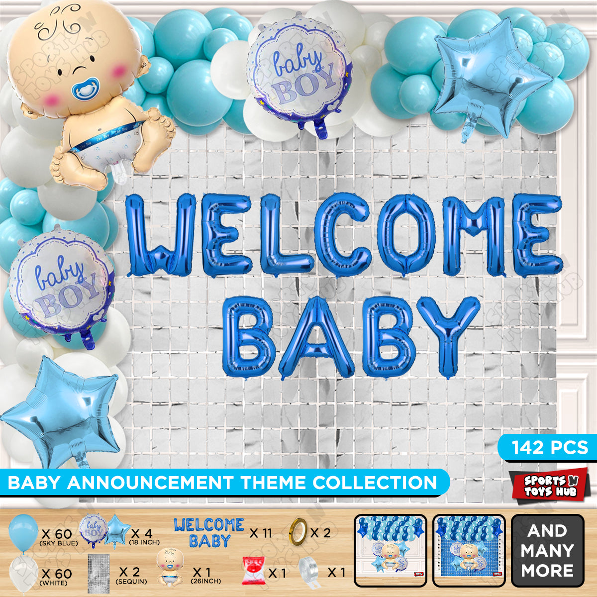 Baby Boy Foil Balloon Set With Welcome Baby Foil Letter Arch Blue & White Theme - Pack Of 142