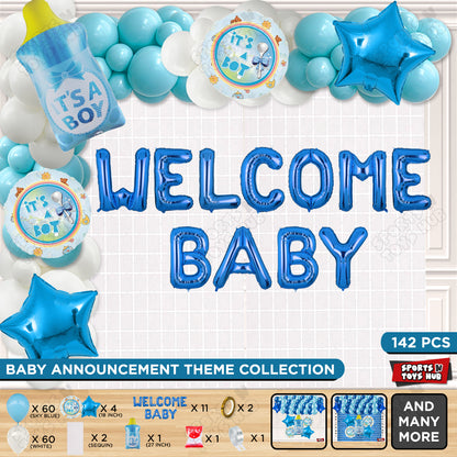 Baby Boy Feeder Foil Balloon Set With Welcome Baby Foil Letter White & Blue Color Arch Theme - Pack Of 142