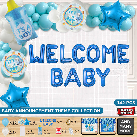 Baby Boy Feeder Foil Balloon Set With Welcome Baby Foil Letter White & Blue Color Arch Theme - Pack Of 142