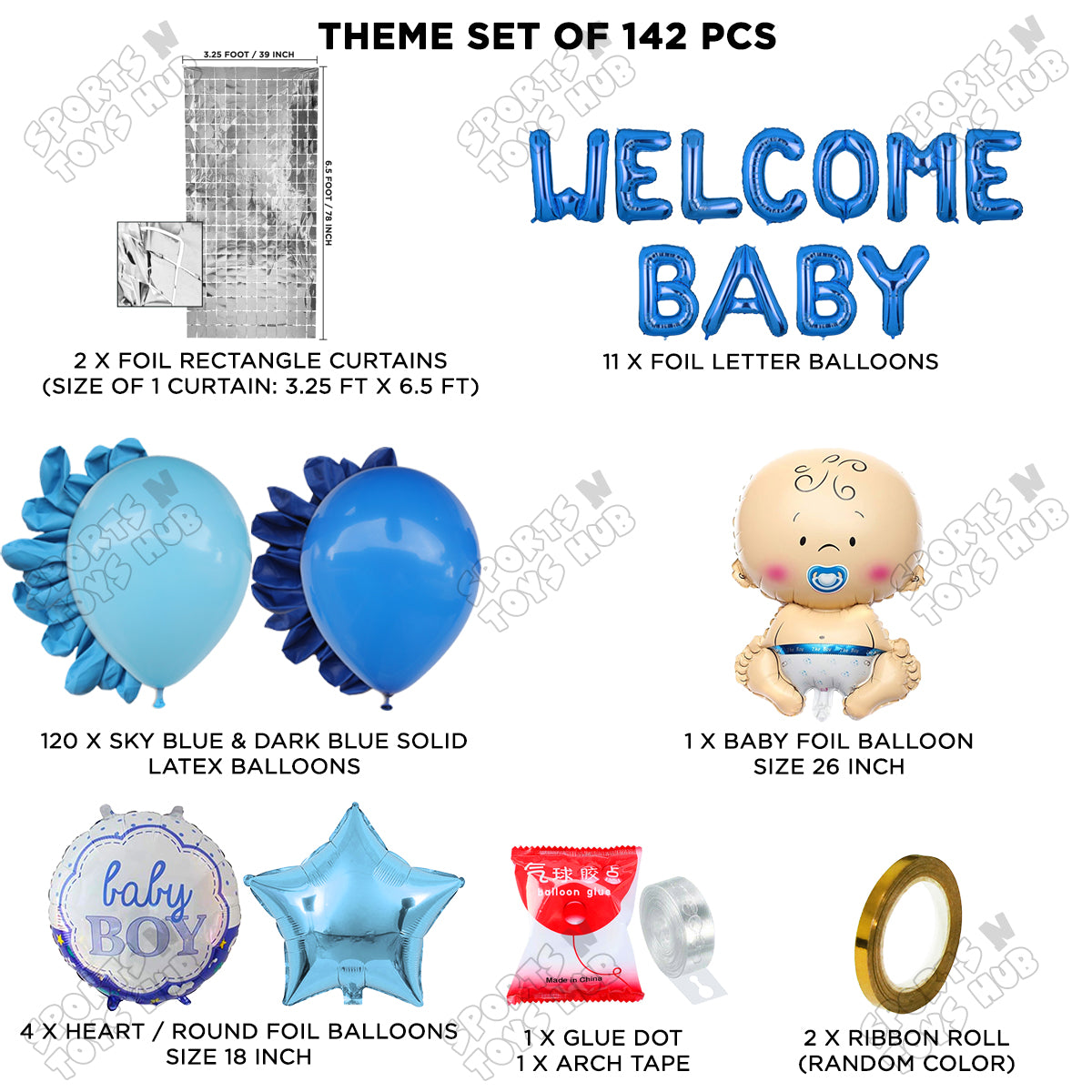 Baby Boy Foil Balloon Set With Welcome Baby Foil Letter Arch Theme - Pack Of 142