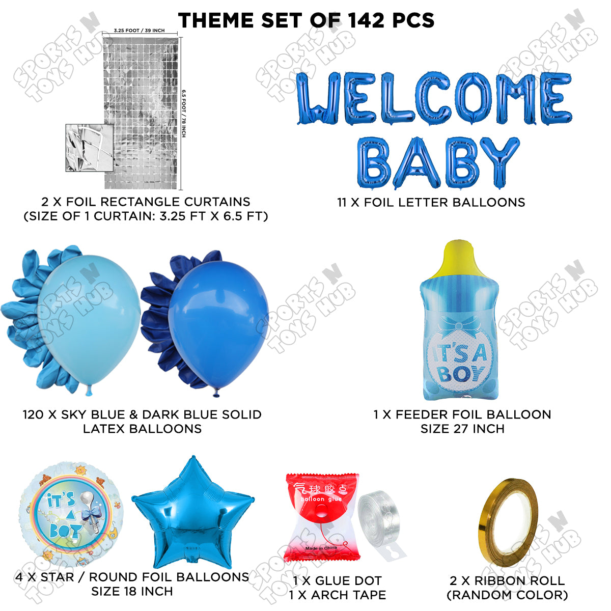 Baby Boy Feeder Foil Balloon Set With Welcome Baby Foil Letter Arch Theme - Pack Of 142