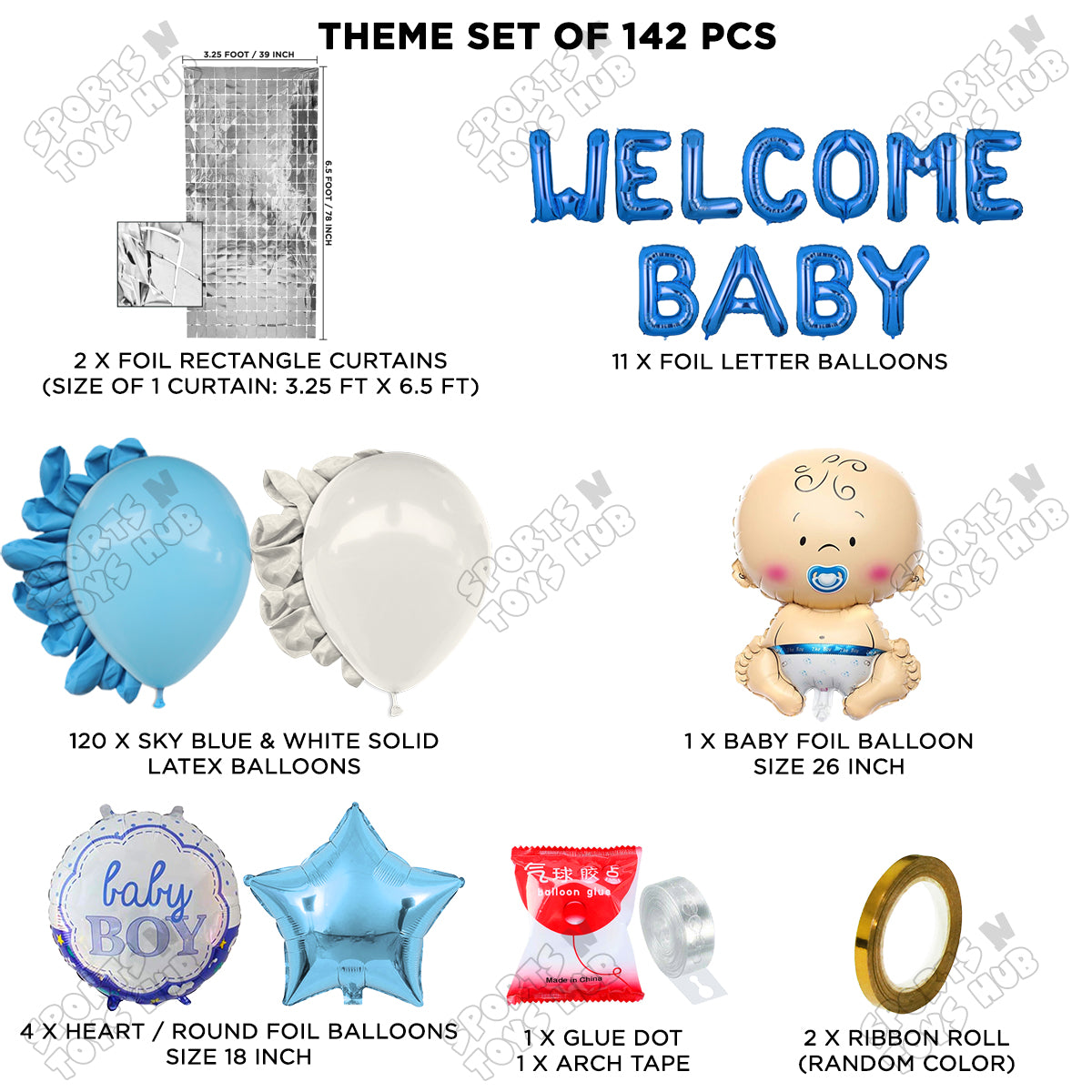 Baby Boy Foil Balloon Set With Welcome Baby Foil Letter Arch Blue & White Theme - Pack Of 142