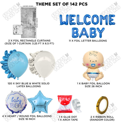 Baby Boy Foil Balloon Set With Welcome Baby Foil Letter Arch Blue & White Theme - Pack Of 142