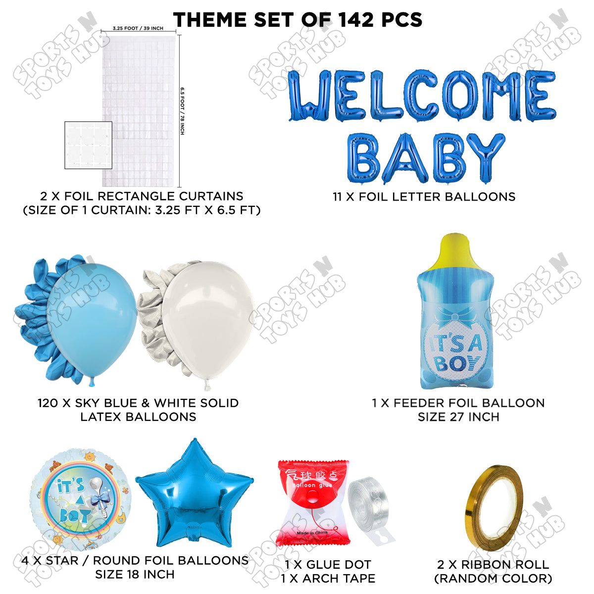 Baby Boy Feeder Foil Balloon Set With Welcome Baby Foil Letter White & Blue Color Arch Theme - Pack Of 142