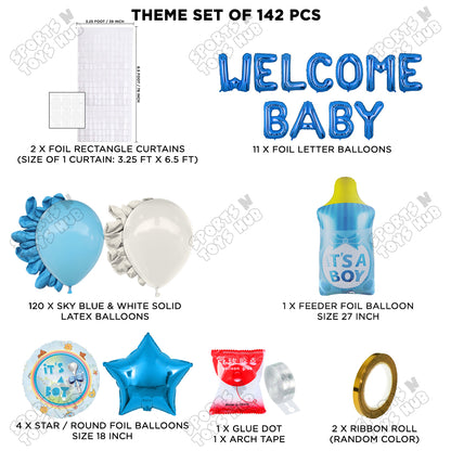 Baby Boy Feeder Foil Balloon Set With Welcome Baby Foil Letter White & Blue Color Arch Theme - Pack Of 142