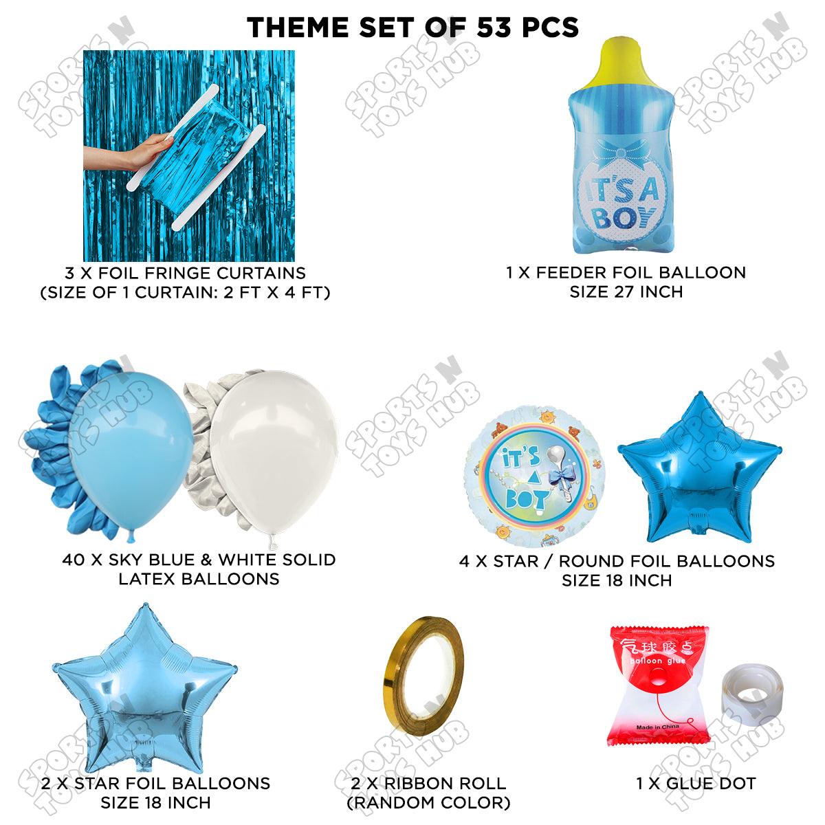 Baby Boy Feeder Foil Balloon Set With White & Blue Color Balloon Curtain Theme
