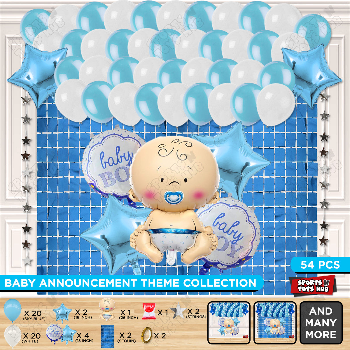 Baby Boy Foil Balloon Set With White & Blue Color Balloon Rectangle Curtain Theme