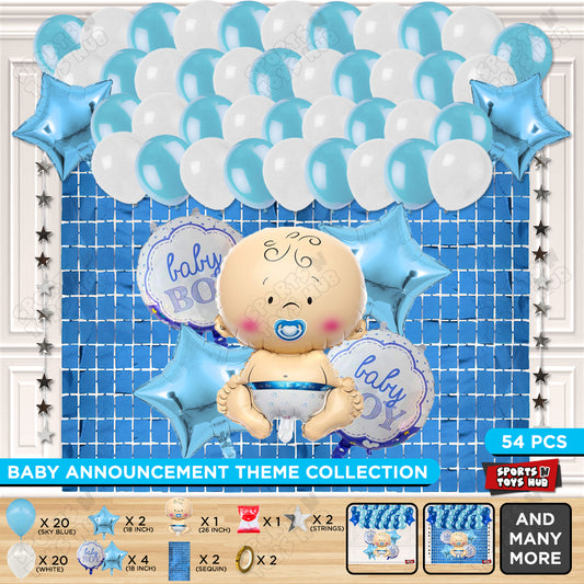 Baby Boy Foil Balloon Set With White & Blue Color Balloon Rectangle Curtain Theme