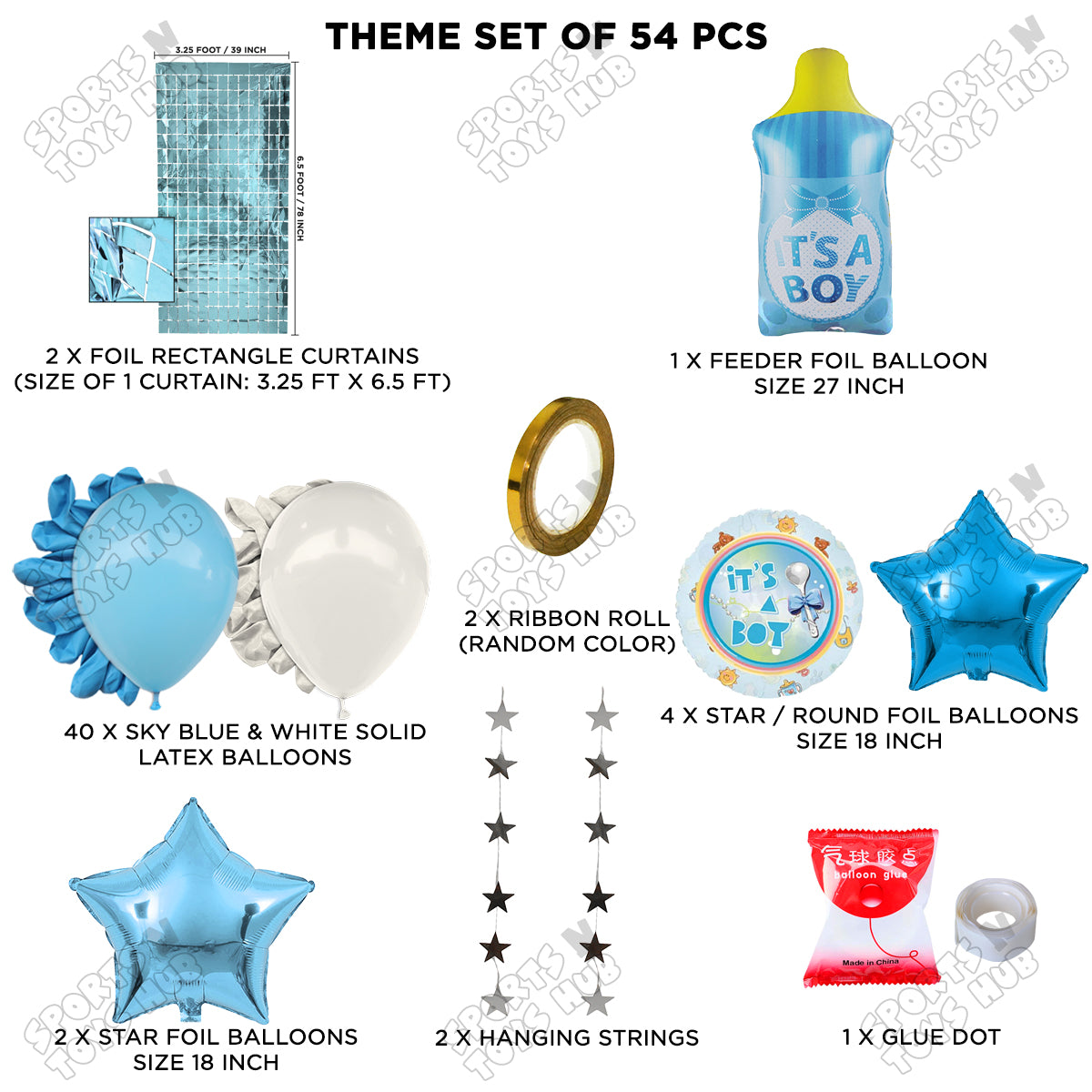 Baby Boy Feeder Foil Balloon Set With White & Blue Color Balloon Rectangle Curtain Theme