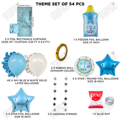 Baby Boy Feeder Foil Balloon Set With White & Blue Color Balloon Rectangle Curtain Theme