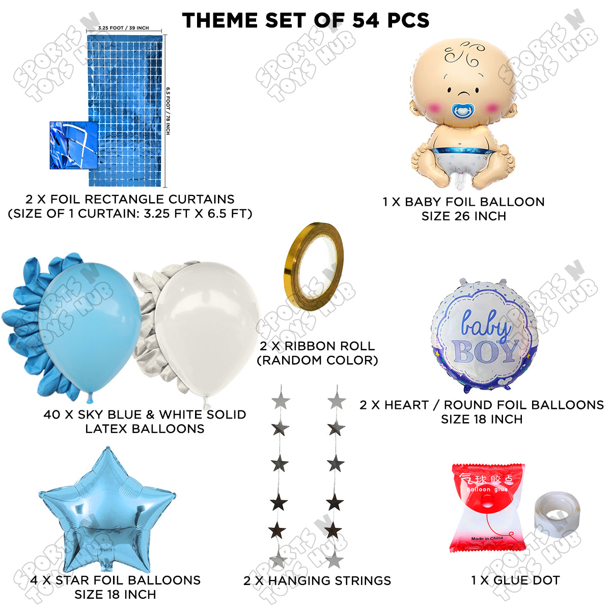 Baby Boy Foil Balloon Set With White & Blue Color Balloon Rectangle Curtain Theme