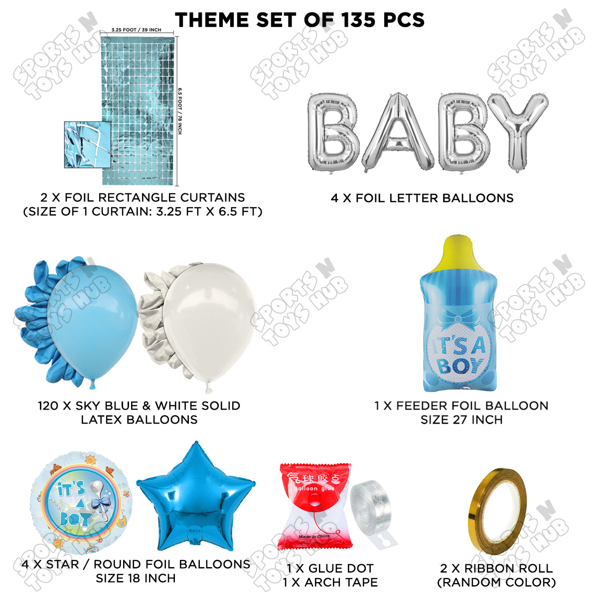Feeder Foil Balloon With Baby Foil Letter White & Blue Arch Theme - Pack Of 135