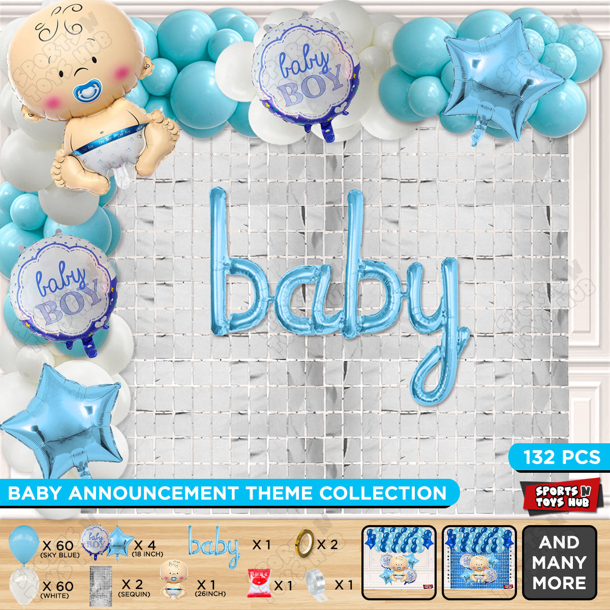 Baby Boy Foil Balloon With Baby Cursive Foil Letter Blue & White Color Arch Theme - Pack Of 132