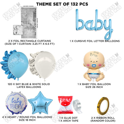 Baby Boy Foil Balloon With Baby Cursive Foil Letter Blue & White Color Arch Theme - Pack Of 132