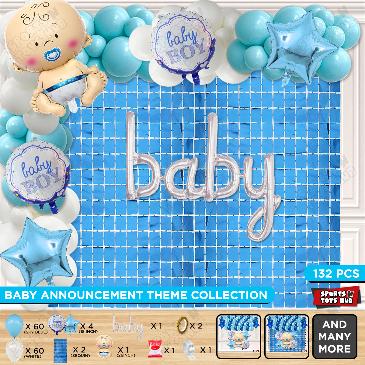 Baby Boy Foil Balloon With Baby Cursive Foil Letter Blue & White Color Arch Theme - Pack Of 132
