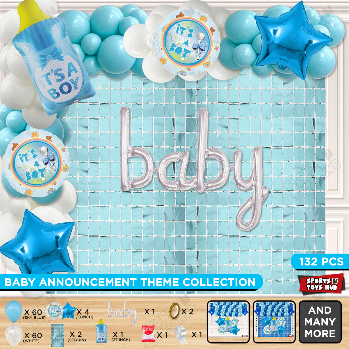 Feeder Foil Balloon With Baby Cursive Foil Letter White & Blue Color Arch Theme - Pack Of 132