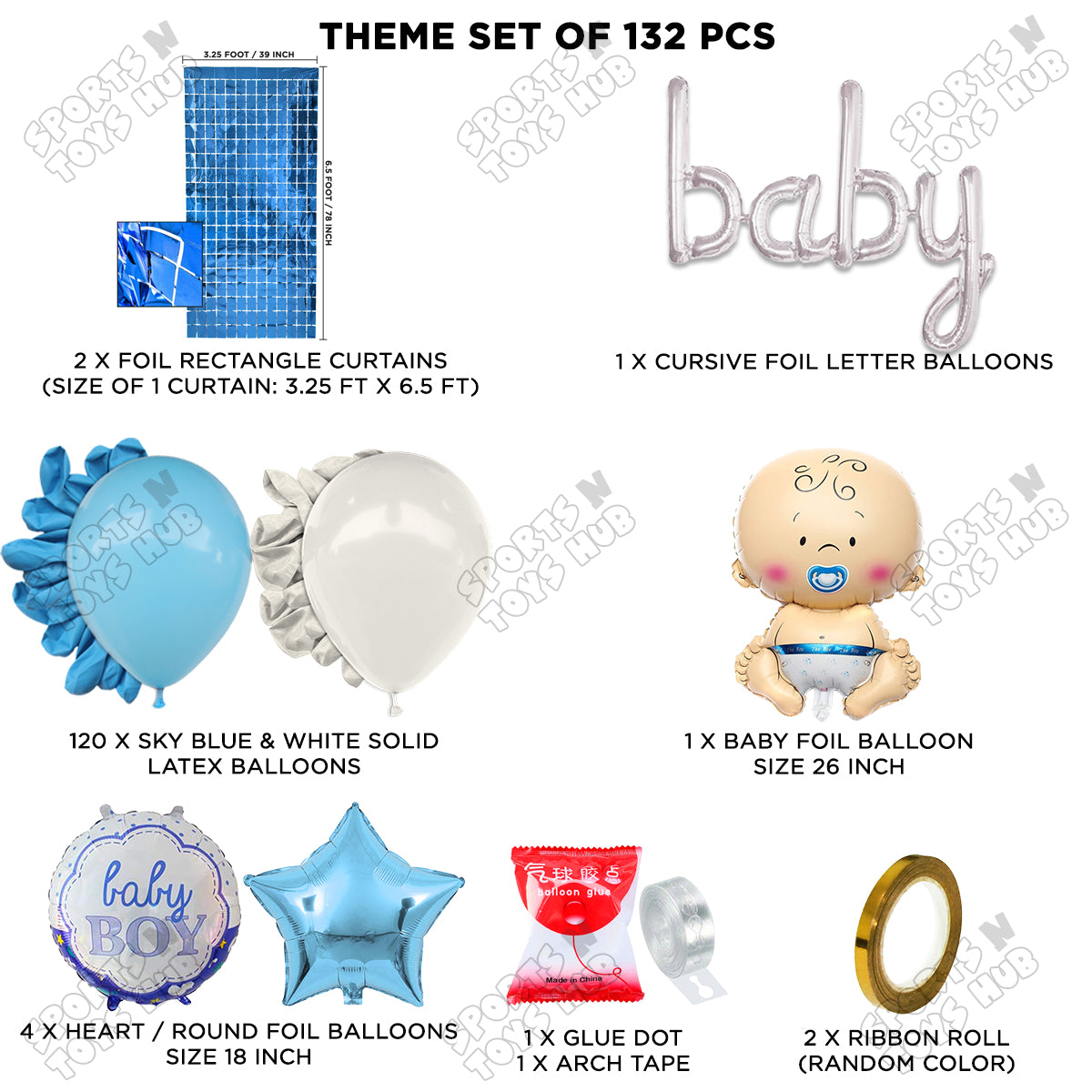 Baby Boy Foil Balloon With Baby Cursive Foil Letter Blue & White Color Arch Theme - Pack Of 132