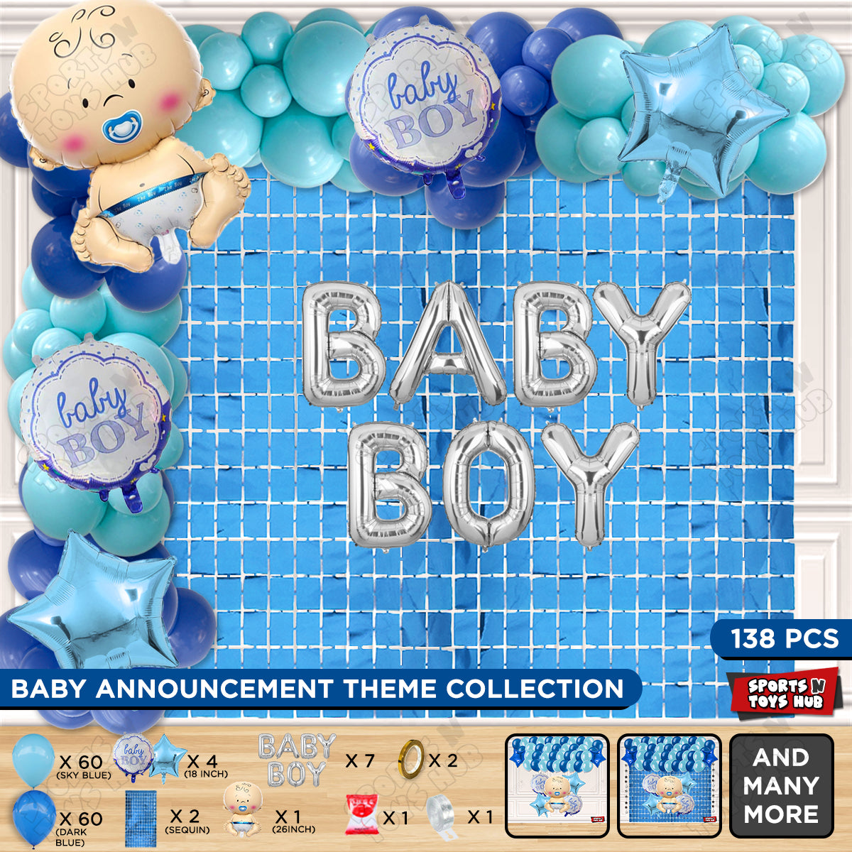 Baby Boy Foil Balloon Set With Baby Boy Foil Letter Arch Theme - Pack Of 138