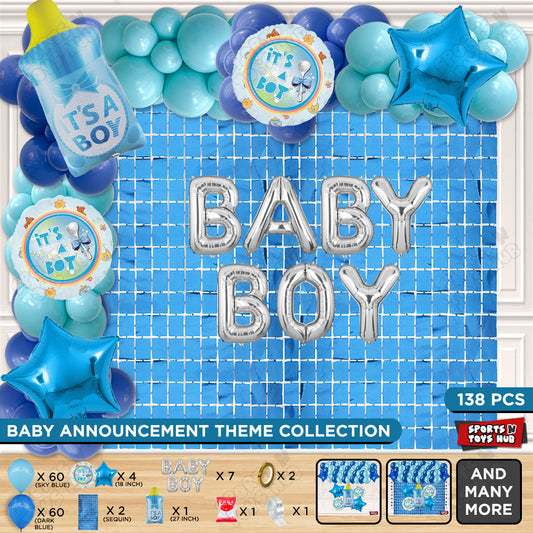 Feeder Foil Balloon With Baby Boy Foil Letter  Blue & Dark Blue Color Arch Theme - Pack Of 138