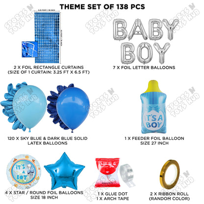 Feeder Foil Balloon With Baby Boy Foil Letter  Blue & Dark Blue Color Arch Theme - Pack Of 138
