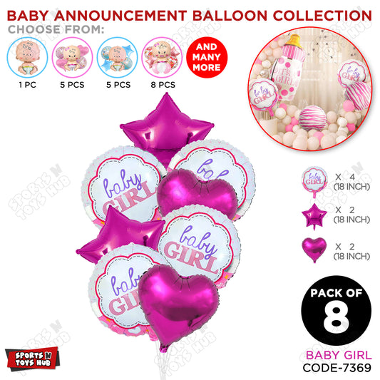 Baby Announcement Baby Girl Round Foil Balloon - Pack Of 8