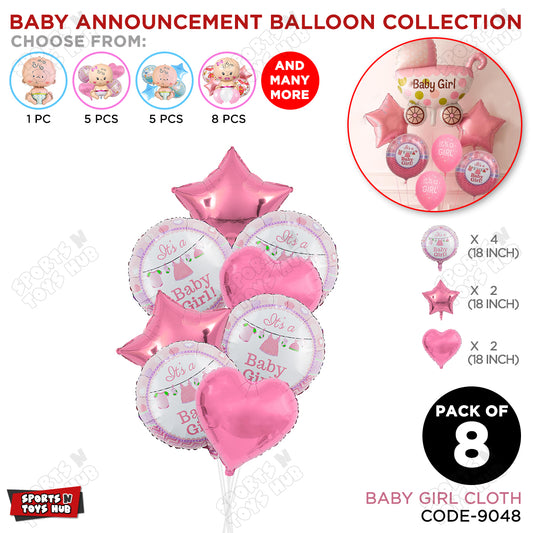 Baby Announcement Baby Girl Cloth Round Foil Balloon - Pack Of 8