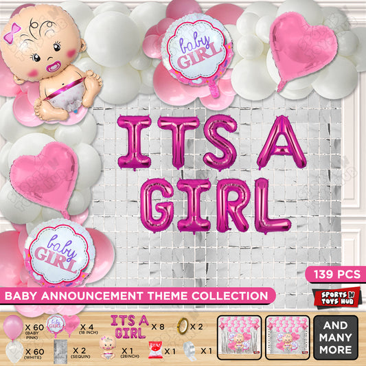 Baby Girl Foil Balloon Set With Its A Girl Foil Letter Pink & White Arch Theme - Pack Of 139