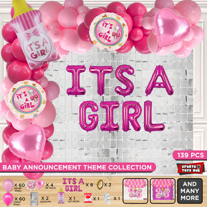 Feeder Foil Balloon With Its A Girl Foil Letter Dark Pink & Pink Color Arch Theme - Pack Of 139