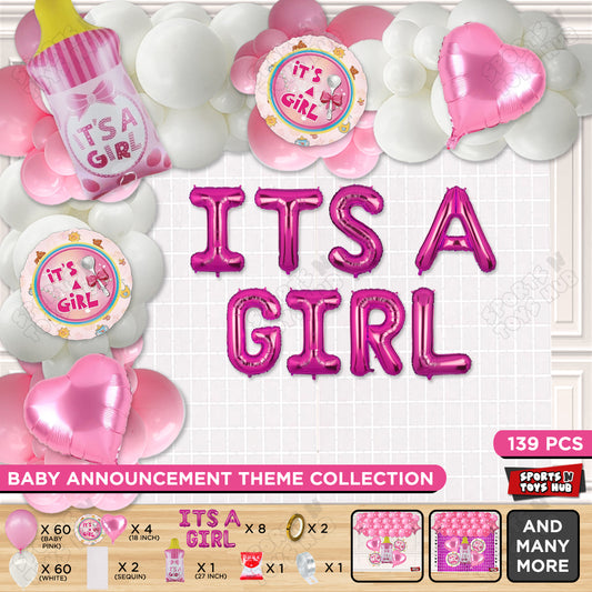 Feeder Foil Balloon With Its A Girl Foil Letter White & Pink Color Arch Theme - Pack Of 139