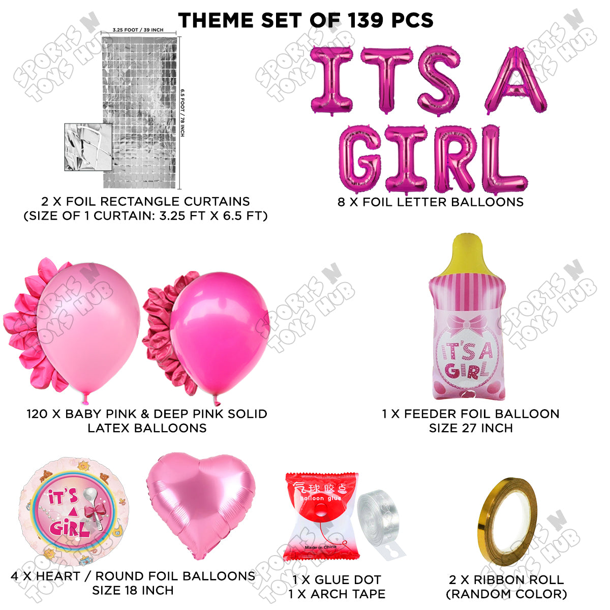 Feeder Foil Balloon With Its A Girl Foil Letter Dark Pink & Pink Color Arch Theme - Pack Of 139