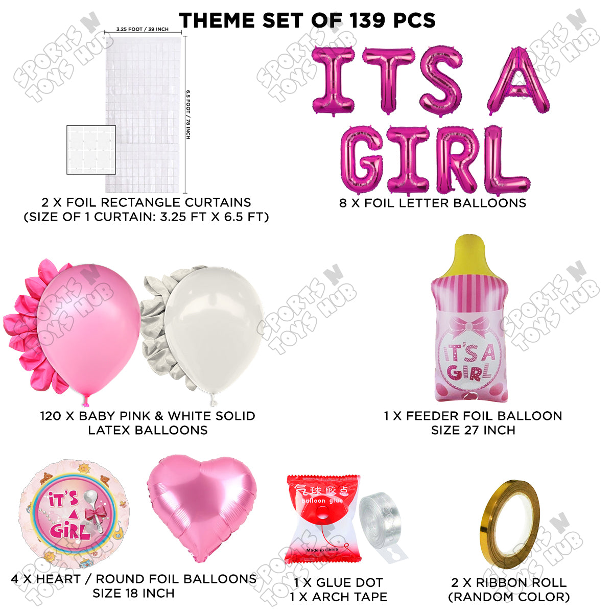 Feeder Foil Balloon With Its A Girl Foil Letter White & Pink Color Arch Theme - Pack Of 139