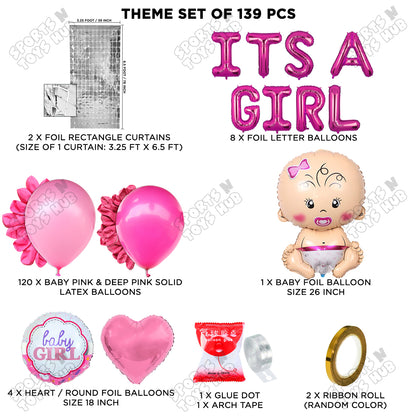 Baby Girl Foil Balloon Set With Its A Girl Foil Letter Arch Theme - Pack Of 139