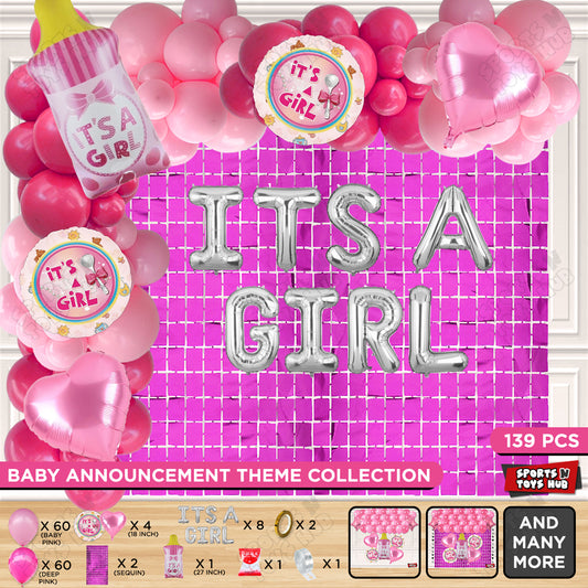 Feeder Foil Balloon With Its A Girl Foil Letter Dark Pink & Pink Color Arch Theme - Pack Of 139