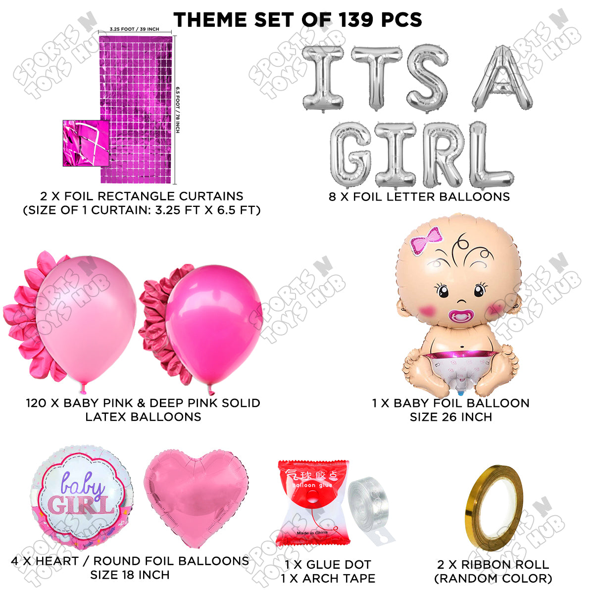 Baby Girl Foil Balloon Set With Its A Girl Foil Letter Arch Theme - Pack Of 139