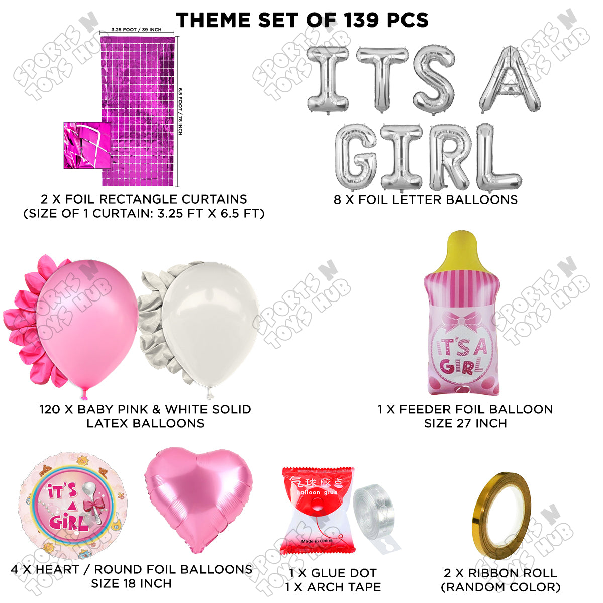 Feeder Foil Balloon With Its A Girl Foil Letter White & Pink Color Arch Theme - Pack Of 139
