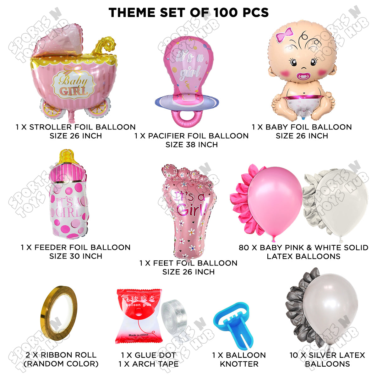 Baby Girl Character Foil Balloon Set Arch Theme Latex and Foil Balloon Kit- Pack Of 100 PCS