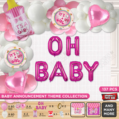 Feeder Foil Balloon With Oh Baby Foil Letter White & Pink Color Arch Theme - Pack Of 137