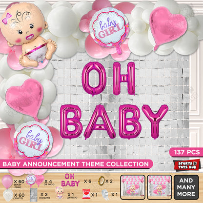 Baby Girl Foil Balloon Set With Oh Baby Foil Letter Pink & White Arch Theme - Pack Of 137