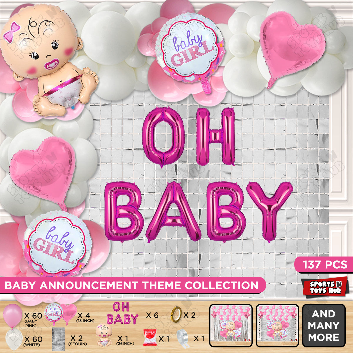 Baby Girl Foil Balloon Set With Oh Baby Foil Letter Pink & White Arch Theme - Pack Of 137