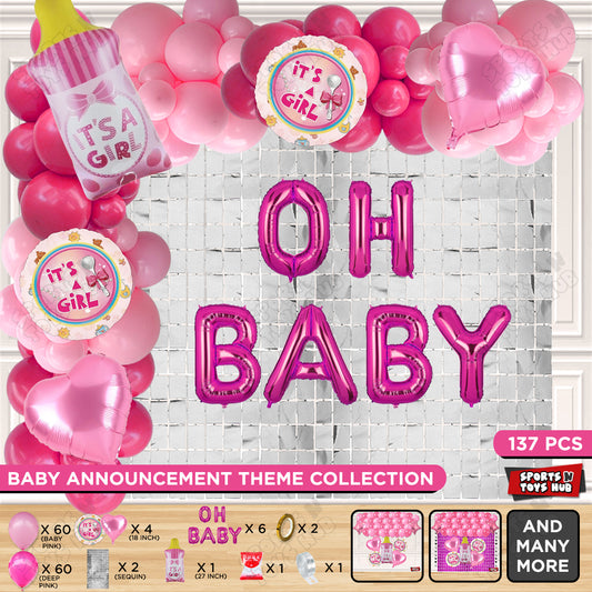 Feeder Foil Balloon With Oh Baby Foil Letter Dark Pink & Pink Color Arch Theme - Pack Of 137