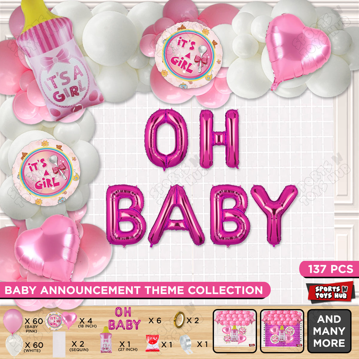 Feeder Foil Balloon With Oh Baby Foil Letter White & Pink Color Arch Theme - Pack Of 137